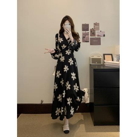 FA37271# 大码胖MM法式复古气质碎花连衣裙女秋新款收腰显瘦a字裙 服裝批發女裝批發服飾貨源