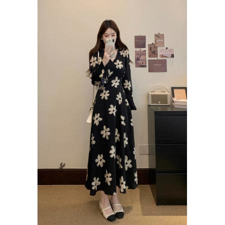 FA37271# 大码胖MM法式复古气质碎花连衣裙女秋新款收腰显瘦a字裙 服裝批發女裝批發服飾貨源