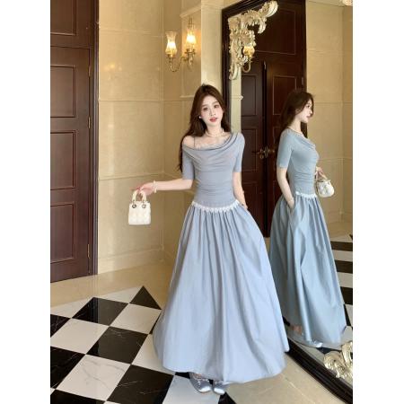 FA37273# 大码法式浪漫花边撞色斜肩假两件设计收腰连衣裙 服裝批發女裝批發服飾貨源