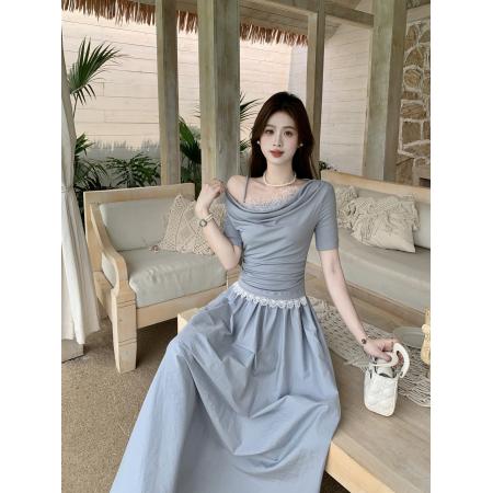 FA37273# 大码法式浪漫花边撞色斜肩假两件设计收腰连衣裙 服裝批發女裝批發服飾貨源