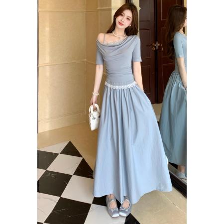 FA37273# 大码法式浪漫花边撞色斜肩假两件设计收腰连衣裙 服裝批發女裝批發服飾貨源