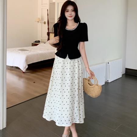 FA37274# 法式赫本风短袖连衣裙女夏季大码女装收腰显瘦假两件波点长裙 服裝批發女裝批發服飾貨源