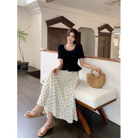 FA37274# 法式赫本风短袖连衣裙女夏季大码女装收腰显瘦假两件波点长裙 服裝批發女裝批發服飾貨源