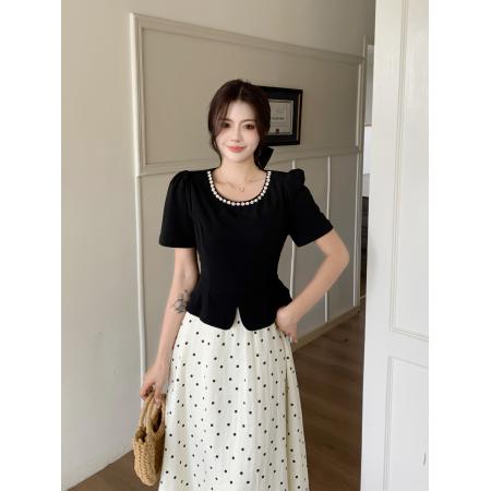 FA37274# 法式赫本风短袖连衣裙女夏季大码女装收腰显瘦假两件波点长裙 服裝批發女裝批發服飾貨源