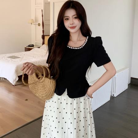 FA37274# 法式赫本风短袖连衣裙女夏季大码女装收腰显瘦假两件波点长裙 服裝批發女裝批發服飾貨源