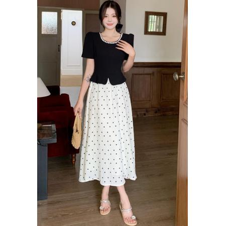 FA37274# 法式赫本风短袖连衣裙女夏季大码女装收腰显瘦假两件波点长裙 服裝批發女裝批發服飾貨源