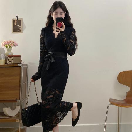 FA37275# 秋季大码性感V领收腰显瘦蕾丝连衣裙修身显瘦中长包臀裙 服裝批發女裝批發服飾貨源