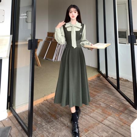 FA37276# 秋季大码女装高腰裙设计感减龄显瘦衬衫假两件连衣裙子 服裝批發女裝批發服飾貨源