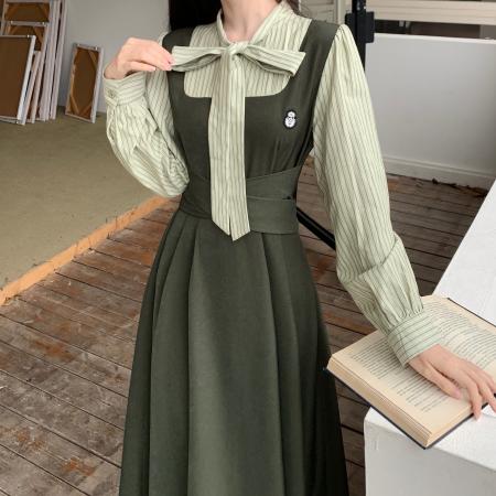 FA37276# 秋季大码女装高腰裙设计感减龄显瘦衬衫假两件连衣裙子 服裝批發女裝批發服飾貨源
