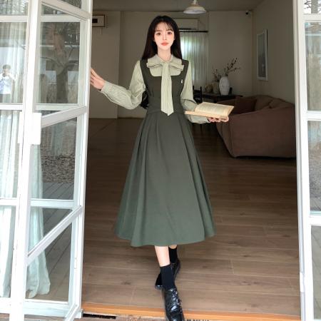 FA37276# 秋季大码女装高腰裙设计感减龄显瘦衬衫假两件连衣裙子 服裝批發女裝批發服飾貨源