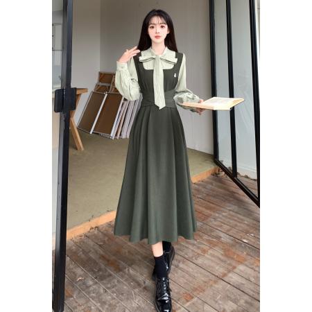 FA37276# 秋季大码女装高腰裙设计感减龄显瘦衬衫假两件连衣裙子 服裝批發女裝批發服飾貨源