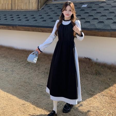 FA37277# 真两件连衣裙女秋冬新款氛围感穿搭显瘦万圣节黑色长裙 服裝批發女裝批發服飾貨源
