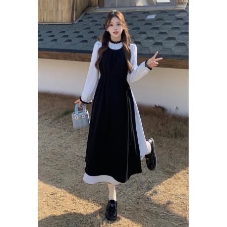 FA37277# 真两件连衣裙女秋冬新款氛围感穿搭显瘦万圣节黑色长裙 服裝批發女裝批發服飾貨源