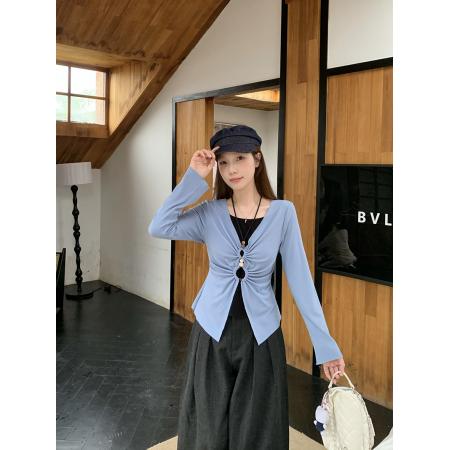 FA37280# 秋装新款胖mm大码女设计感撞色假两件别致长袖上衣 服裝批發女裝批發服飾貨源