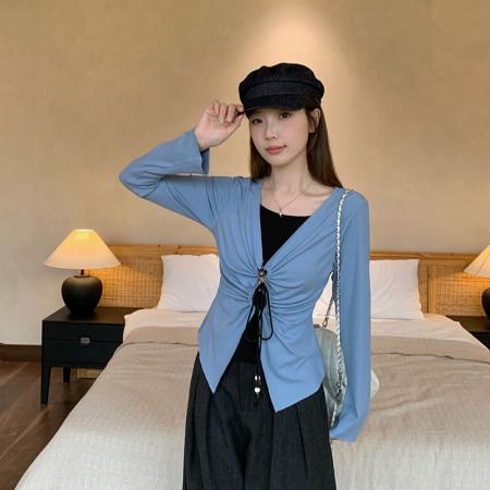 FA37280# 秋装新款胖mm大码女设计感撞色假两件别致长袖上衣 服裝批發女裝批發服飾貨源