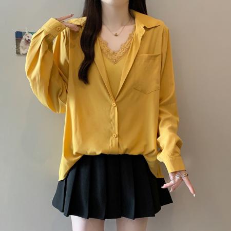 FA37281# 秋装新款胖mm大码女时尚设计感假两件宽松显瘦衬衫上衣 服裝批發女裝批發服飾貨源