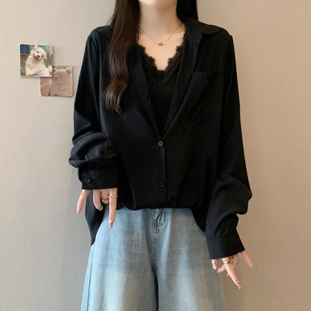 FA37281# 秋装新款胖mm大码女时尚设计感假两件宽松显瘦衬衫上衣 服裝批發女裝批發服飾貨源