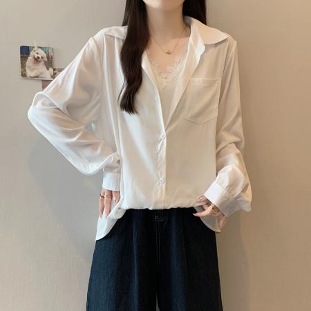 FA37281# 秋装新款胖mm大码女时尚设计感假两件宽松显瘦衬衫上衣 服裝批發女裝批發服飾貨源