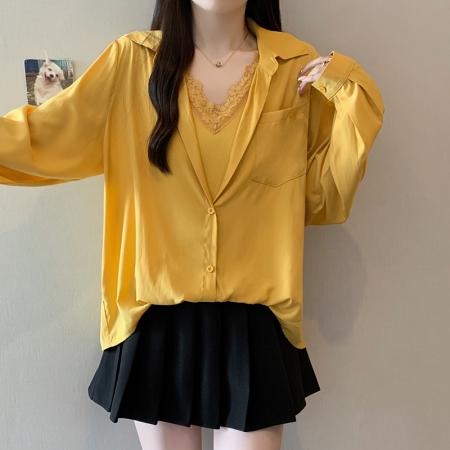FA37281# 秋装新款胖mm大码女时尚设计感假两件宽松显瘦衬衫上衣 服裝批發女裝批發服飾貨源