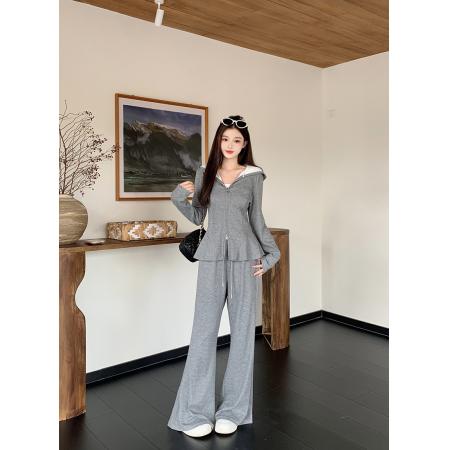 FA37282# 秋装新款胖mm大码女休闲修身双拉链外套显瘦微喇裤套装 服裝批發女裝批發服飾貨源