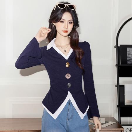 FA37284# 假两件v领针织上衣女秋季新款撞色简约高级感针织衫 服裝批發女裝批發服飾貨源
