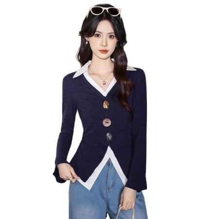 FA37284# 假两件v领针织上衣女秋季新款撞色简约高级感针织衫 服裝批發女裝批發服飾貨源
