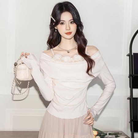 FA37287# 秋季设计感露肩一字领针织衫女收腰气质百搭长袖上衣 服裝批發女裝批發服飾貨源