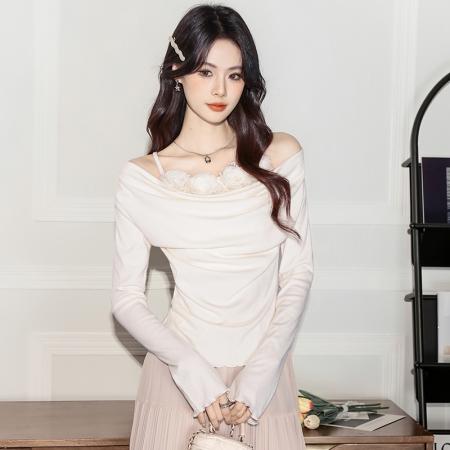 FA37287# 秋季设计感露肩一字领针织衫女收腰气质百搭长袖上衣 服裝批發女裝批發服飾貨源