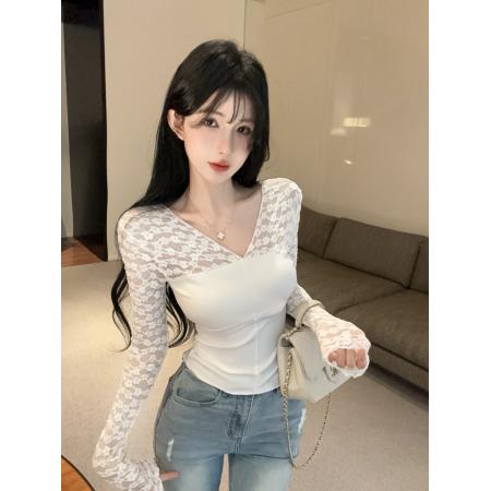 FA37289# 纯欲性感蕾丝拼接V领收腰长袖上衣 服裝批發女裝批發服飾貨源