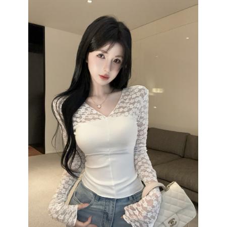 FA37289# 纯欲性感蕾丝拼接V领收腰长袖上衣 服裝批發女裝批發服飾貨源
