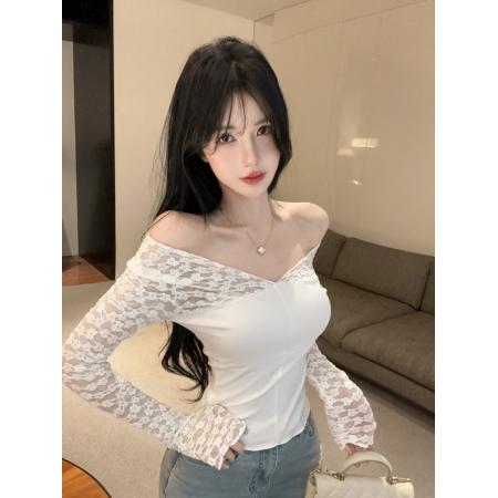 FA37289# 纯欲性感蕾丝拼接V领收腰长袖上衣 服裝批發女裝批發服飾貨源