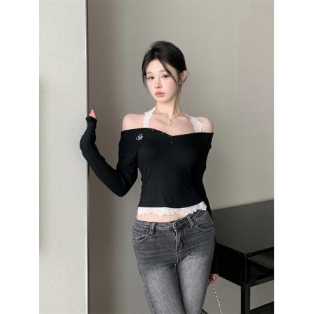 FA37294# 纯欲辣妹别致蝴蝶刺绣蕾丝挂脖一字肩拼接修身显瘦上衣 服裝批發女裝批發服飾貨源