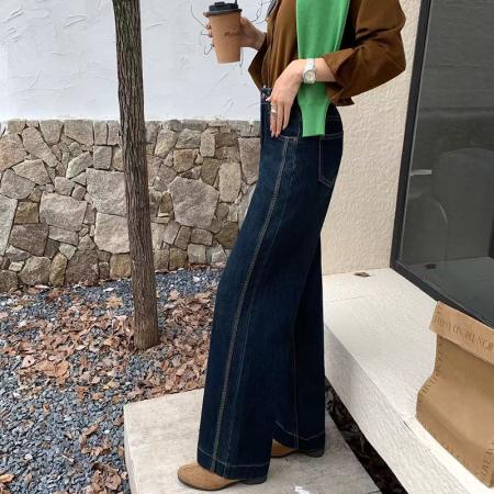 FA37301# 深蓝水洗牛仔阔腿裤女秋季高腰侧延明线设计显瘦休闲百搭直筒 服裝批發女裝批發服飾貨源