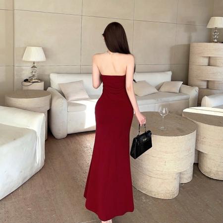 FA37307# 名媛优雅高级感抹胸皱褶长裙鱼尾开叉礼服荷叶边小众轻奢时髦 服裝批發女裝批發服飾貨源