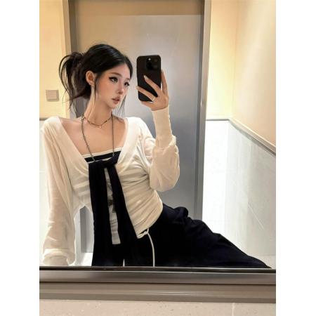 FA37312# 原创设计早秋新款套装条纹抹胸上衣搭配长袖罩衫两件套 服裝批發女裝批發服飾貨源