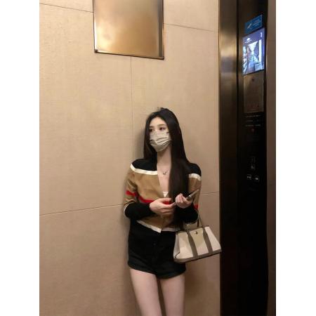 FA37313# 五美丽气质V领开衫毛衣套装女夏季复古撞色条纹长袖上衣薄款外套 服裝批發女裝批發服飾貨源