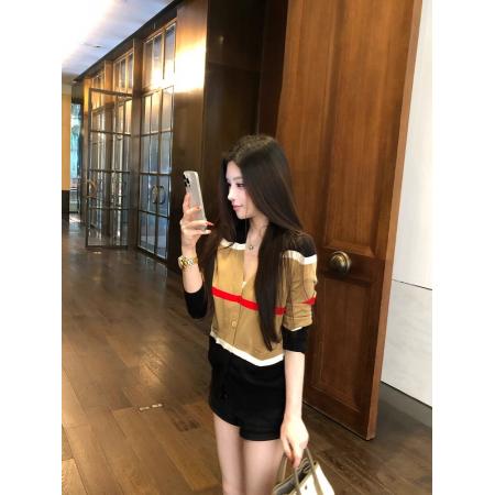 FA37313# 五美丽气质V领开衫毛衣套装女夏季复古撞色条纹长袖上衣薄款外套 服裝批發女裝批發服飾貨源