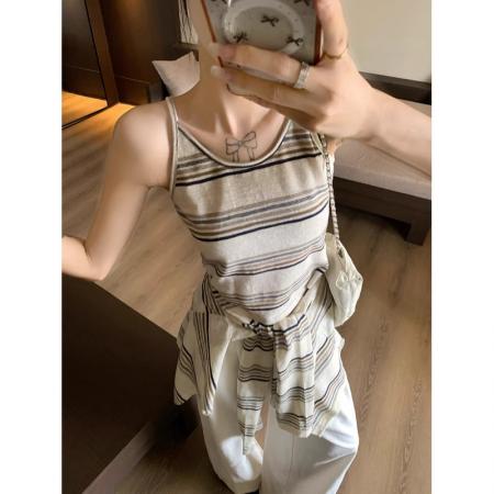 FA37315# 慵懒撞色条纹长袖针织开衫女夏季休闲套装修身吊带背心上衣两件套 服裝批發女裝批發服飾貨源