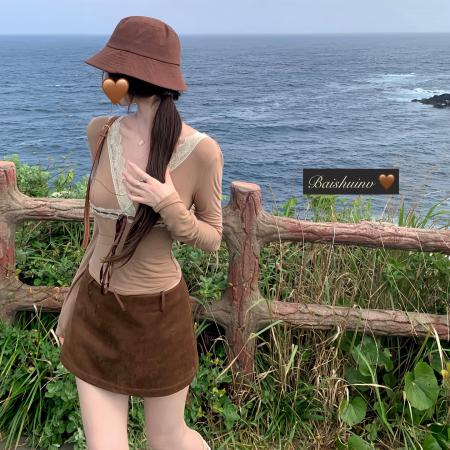 FA37317# 白水女奶皮蕾丝T蕾丝花边V领T恤女秋季韩系设计感收腰显瘦上衣 服裝批發女裝批發服飾貨源