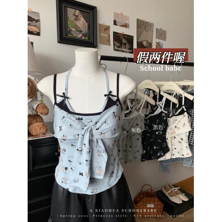 FA37322# 韩系人棉卡通印花撞色背心内搭设计感甜辣外穿短款上衣 服裝批發女裝批發服飾貨源
