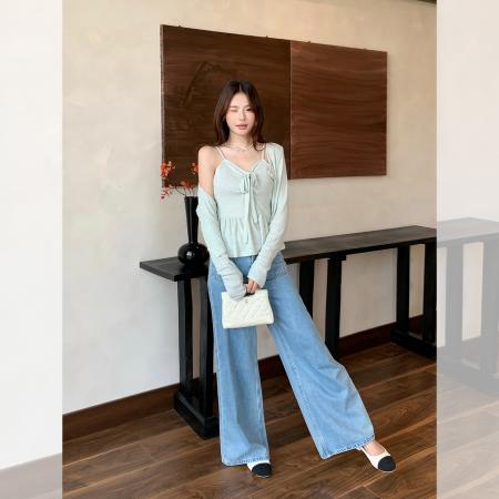 FA37323# 浅绿开衫长袖t恤女秋季新款v领蝴蝶结吊带内搭两件套上衣 服裝批發女裝批發服飾貨源
