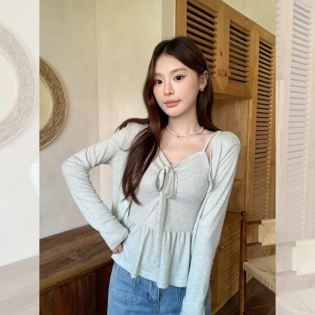 FA37323# 浅绿开衫长袖t恤女秋季新款v领蝴蝶结吊带内搭两件套上衣 服裝批發女裝批發服飾貨源