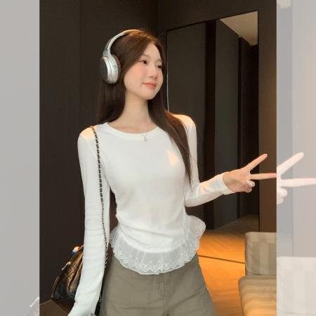 FA37326# 韩系芭蕾风蕾丝拼接下摆褶皱收腰长袖T恤女秋季上衣 服裝批發女裝批發服飾貨源
