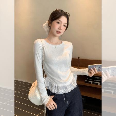 FA37326# 韩系芭蕾风蕾丝拼接下摆褶皱收腰长袖T恤女秋季上衣 服裝批發女裝批發服飾貨源