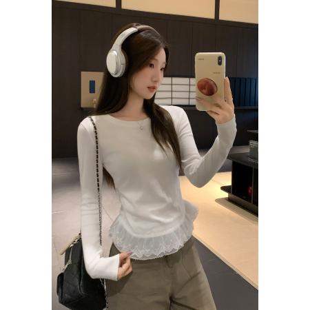FA37326# 韩系芭蕾风蕾丝拼接下摆褶皱收腰长袖T恤女秋季上衣 服裝批發女裝批發服飾貨源