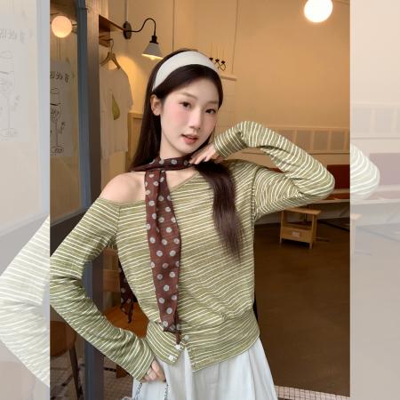 FA37327# 美式辣妹条纹斜肩长袖t恤女秋季新款纯欲露肩宽松小上衣 服裝批發女裝批發服飾貨源