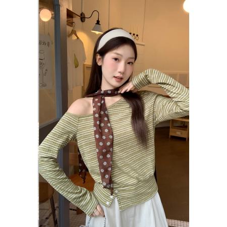 FA37327# 美式辣妹条纹斜肩长袖t恤女秋季新款纯欲露肩宽松小上衣 服裝批發女裝批發服飾貨源