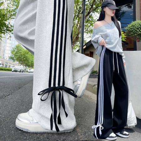 FA37329# 早秋厚款蝴蝶结装饰显瘦减龄运动休闲高腰阔腿卫裤女长裤 服裝批發女裝批發服飾貨源