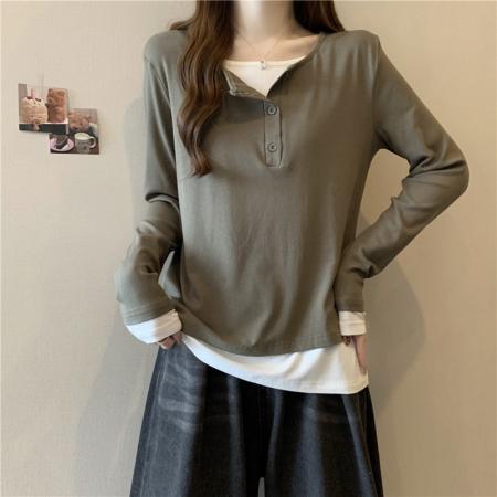 FA37332# 小众别致设计感假两件长袖T恤女秋季内搭宽松打底衫韩版学生上衣 服裝批發女裝批發服飾貨源