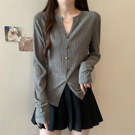 FA37333# 大码胖mm秋季新款长袖V领t恤女韩版时尚别致小众黑色开衫上衣 服裝批發女裝批發服飾貨源